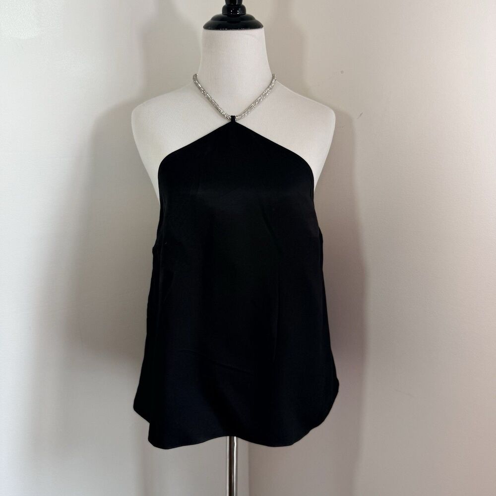 H&M Women's Black Satin Rhinestone-Necklace-Strap Halter Top Party Y2K Clubwear